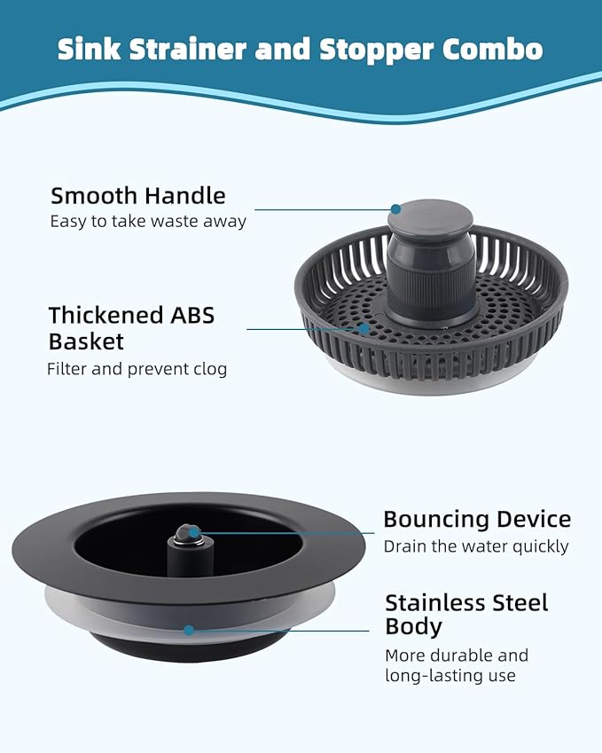 Universal 3 in 1 Kitchen Sink Drain Strainer Stopper Combo, Anti-Clog and Easy