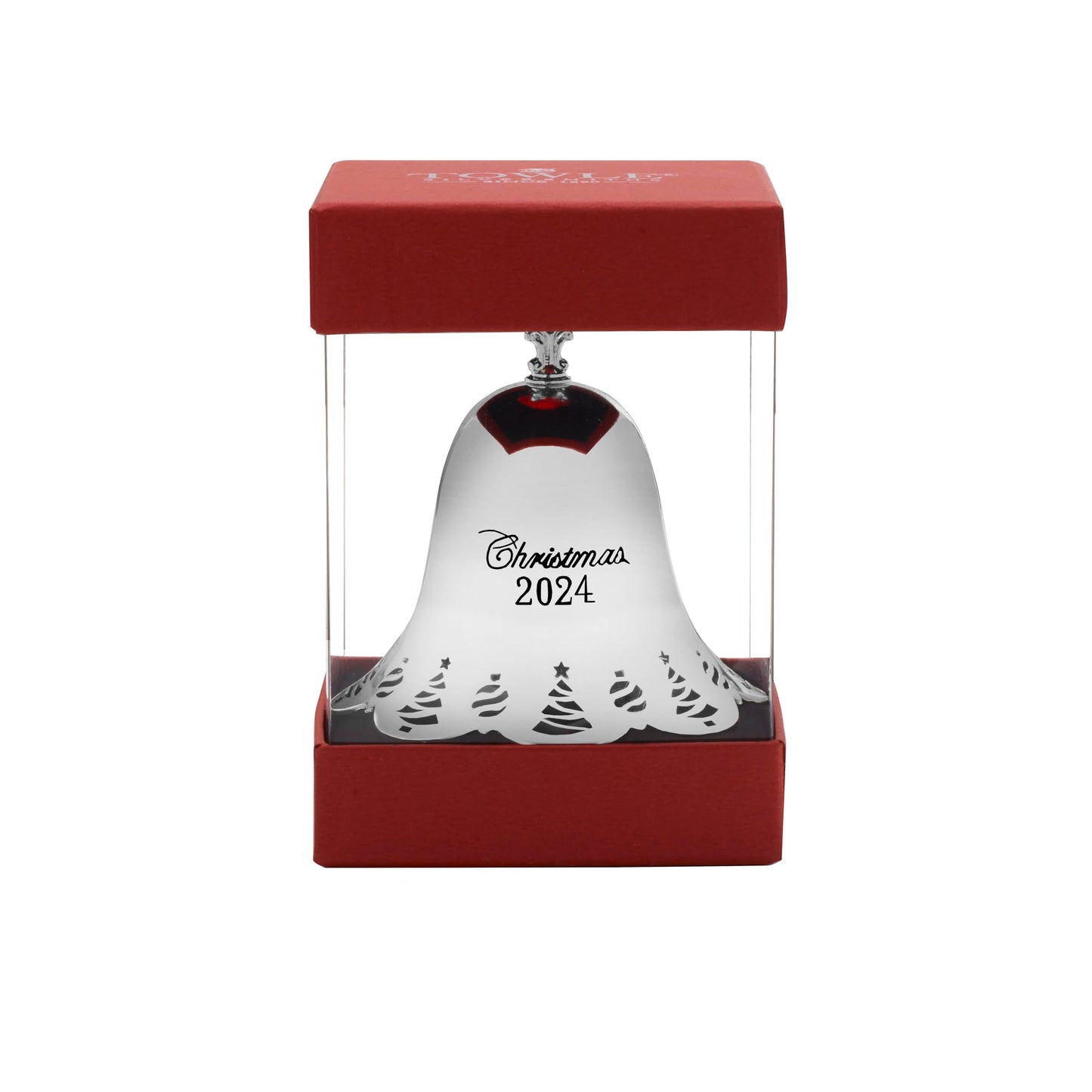 Towle Silver Plated Christmas Bell Ornament 2024-45th Anniversary Edition, Pierced Border with Tree and Ornament Motif, Collectible Holiday Decoration
