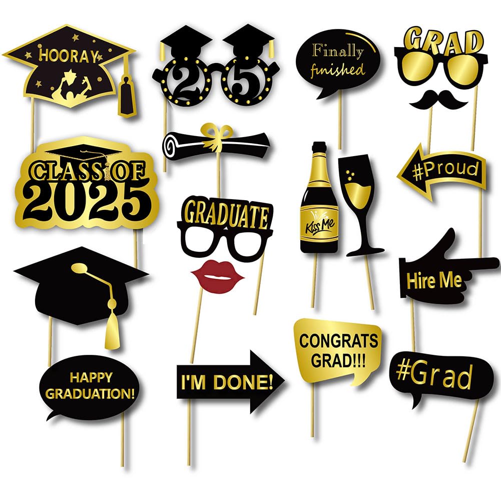 2025 Graduation Selfie Photo Booth Frame Black and Gold with 18Pcs Graduation Photo Booth Props, Upgraded Version with Support Cardboard, 2025 Grad Party Pose Sign