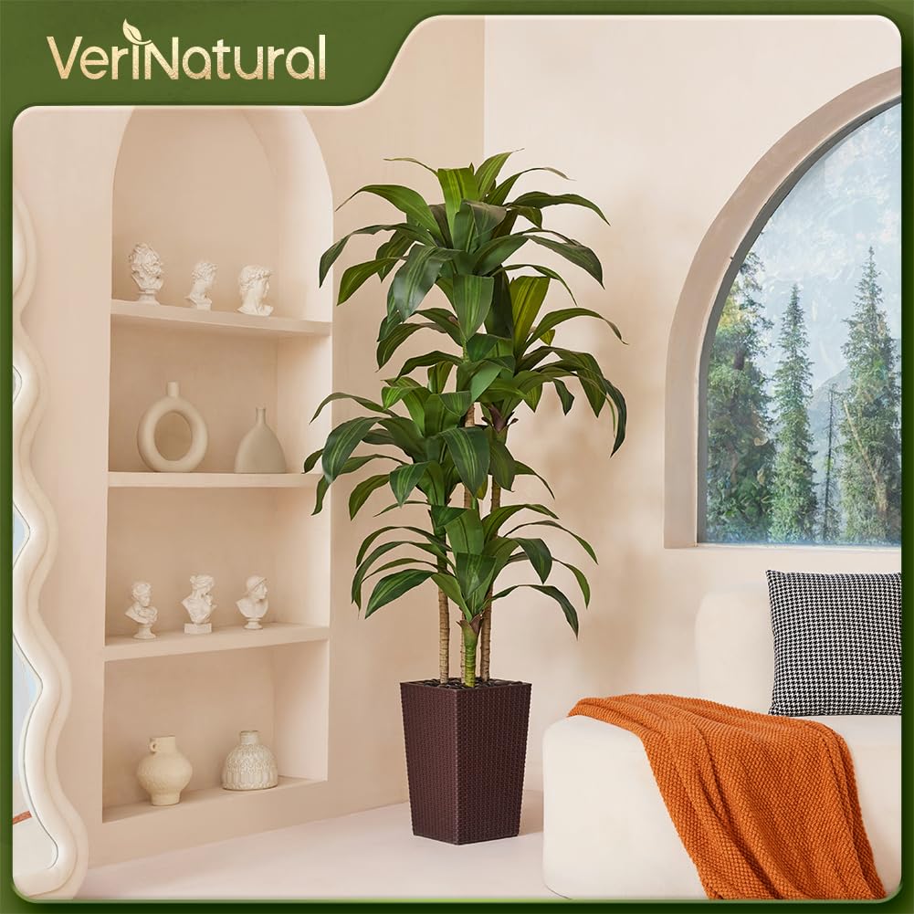 VeriNatural Artificial Dracaena Tree 6FT - Fake Tree with Brown Taper Planter & Pebbles - UV Resistant Faux Yucca Tropical Plant - Artificial Trees for Home Office Living Room Decor Indoor Outdoor