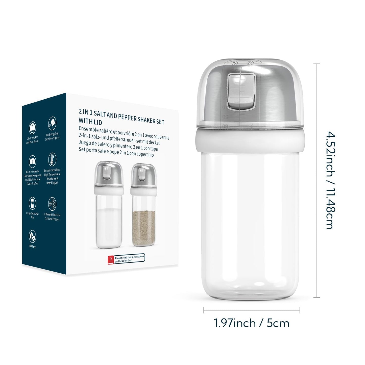 KTCHENDAO 2 in 1 Glass Salt and Pepper Shaker with Side Pour Spout, Built-in Lid for Moisture-proof, Elegant Borosilicate Glass Salt Pepper Dispenser set for Kitchen, BPA Free, 4oz (White)