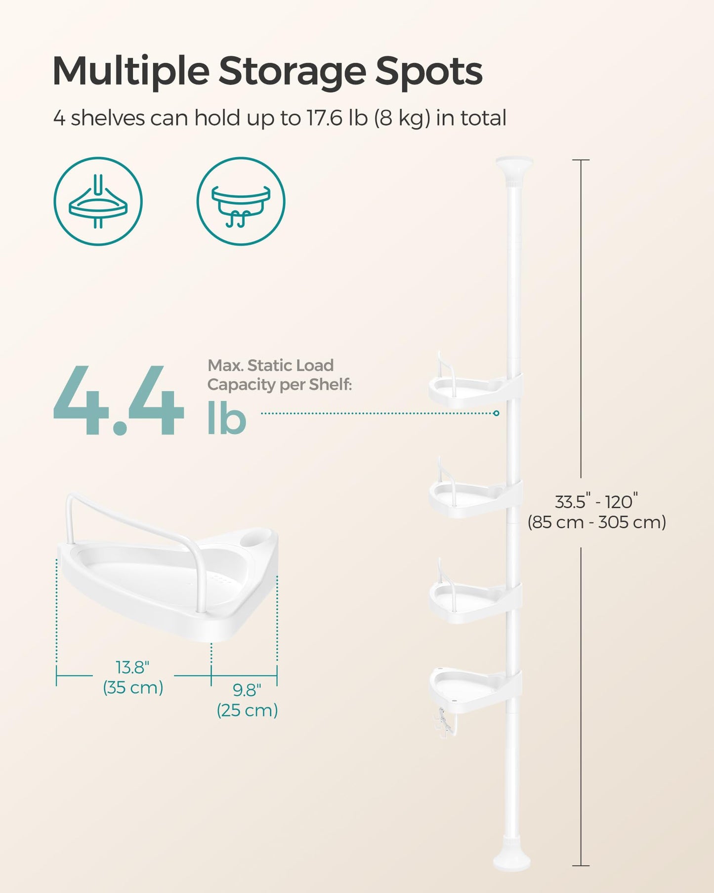SONGMICS Shower Corner Shelf, 4-Tier Bathroom Shower Shelf, 85-305 cm Adjustable Shower Caddies, Bathroom Organiser, White BCB001A