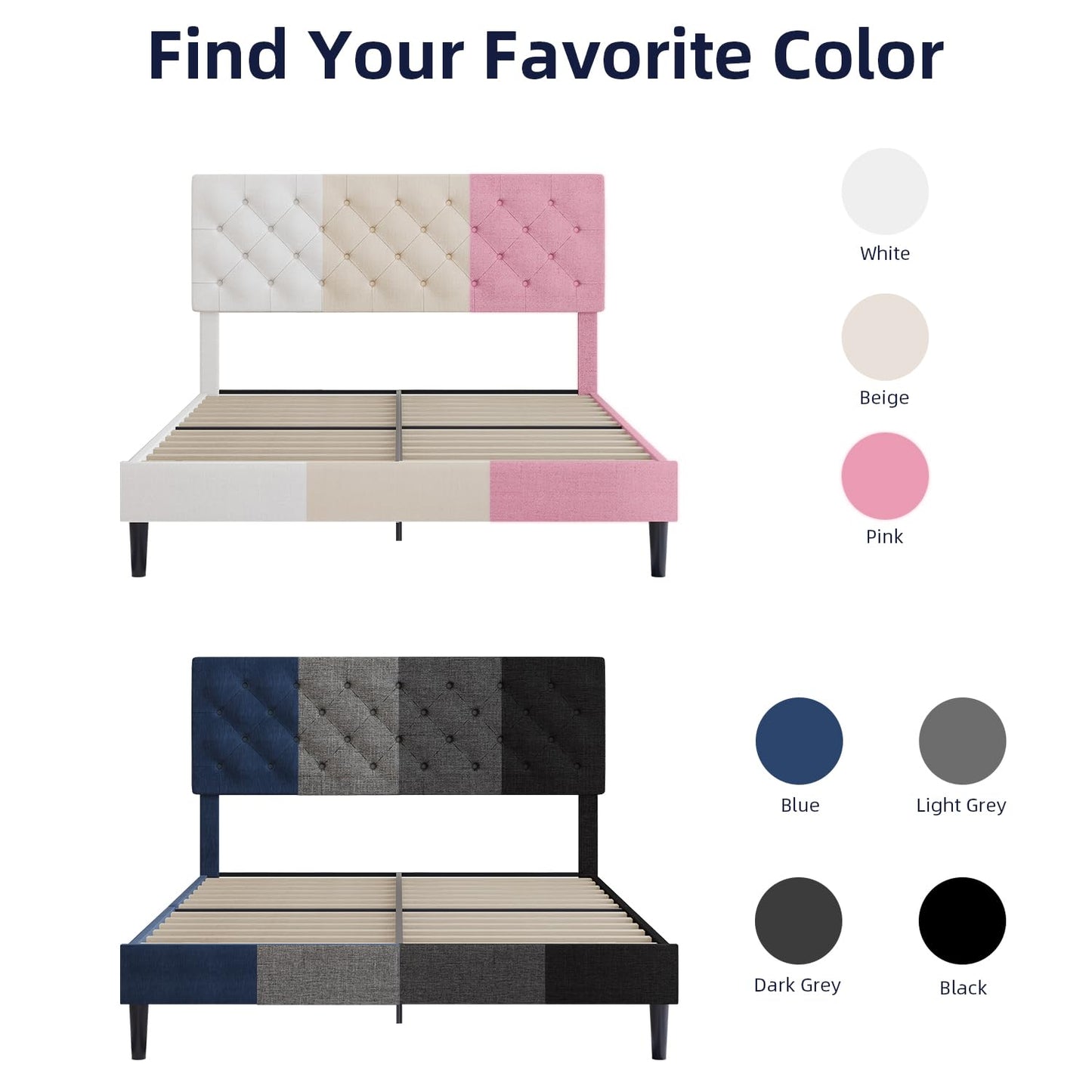 BarnFurin Queen Size Bed Frame with Headboard, Linen Upholstered Platform Bed with Button Tufted Design, No Box Spring Required, Easy Assembly, Navy Blue