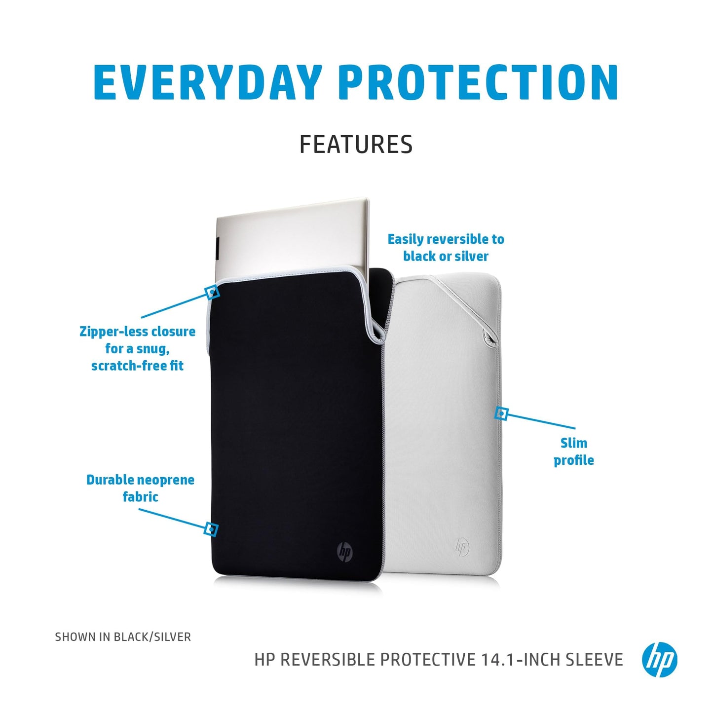 HP 14.1 Inch Black & Silver Protective Reversible Laptop Notebook Sleeve Case, Slim, Prevent Scratching, Zip-Free, Compatible With laptops Up To 14.1 Inch Including MacBook, HP Pavilion, Chromebook