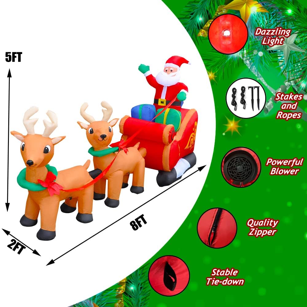 SEASONBLOW 8 Ft LED Inflatable Christmas Reindeer Pull The Sleigh Take Santa Claus Xmas Decoration for Yard Lawn Garden Home Party Indoor Outdoor