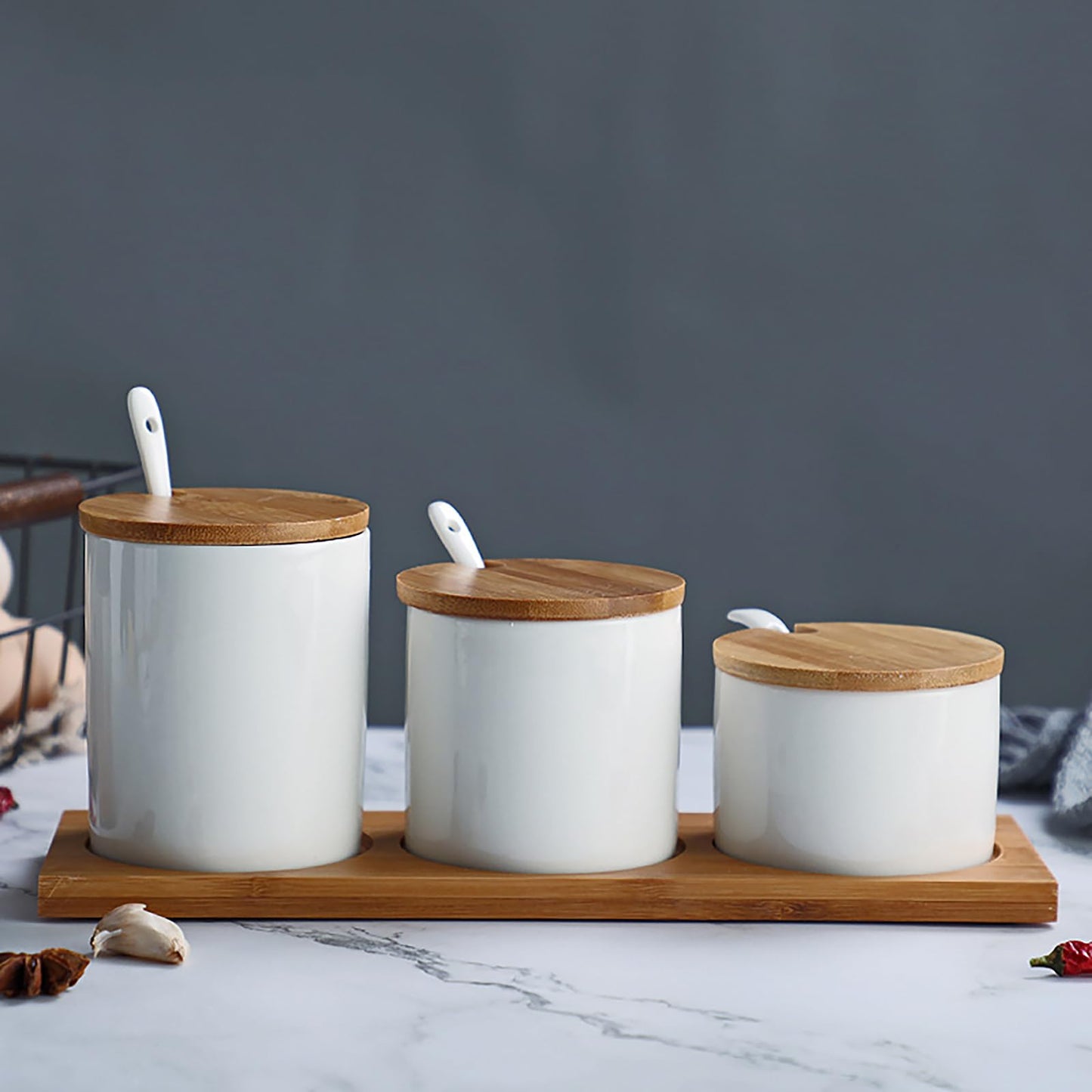 Set of 3 Ceramic Condiment Jars in Varying Sizes With Spoons & Bamboo Lids and Tray (White)