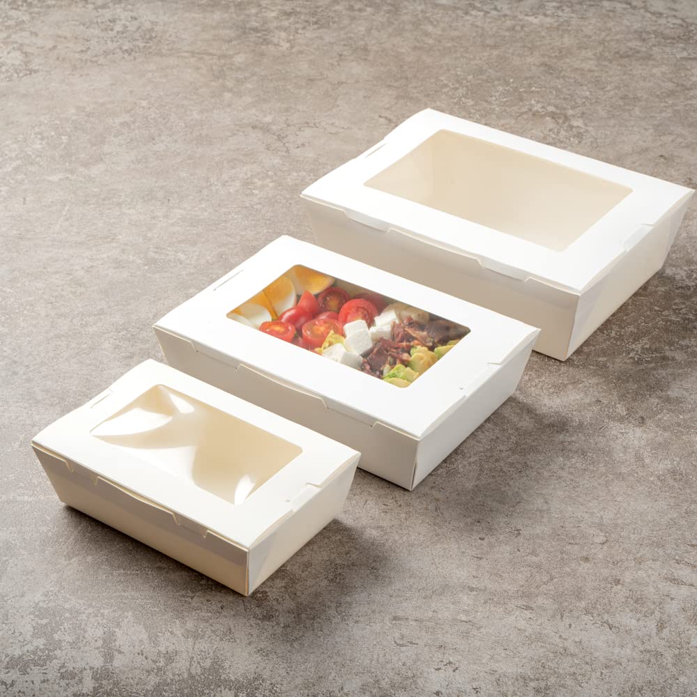 Restaurantware, Cafe Vision 42 Ounce Disposable To Go Boxes 200 Paper Boxes For Food - Hinge Lock Grease-Impervious White Paper Take Out Food Containers With Window For Lunch Or Desserts
