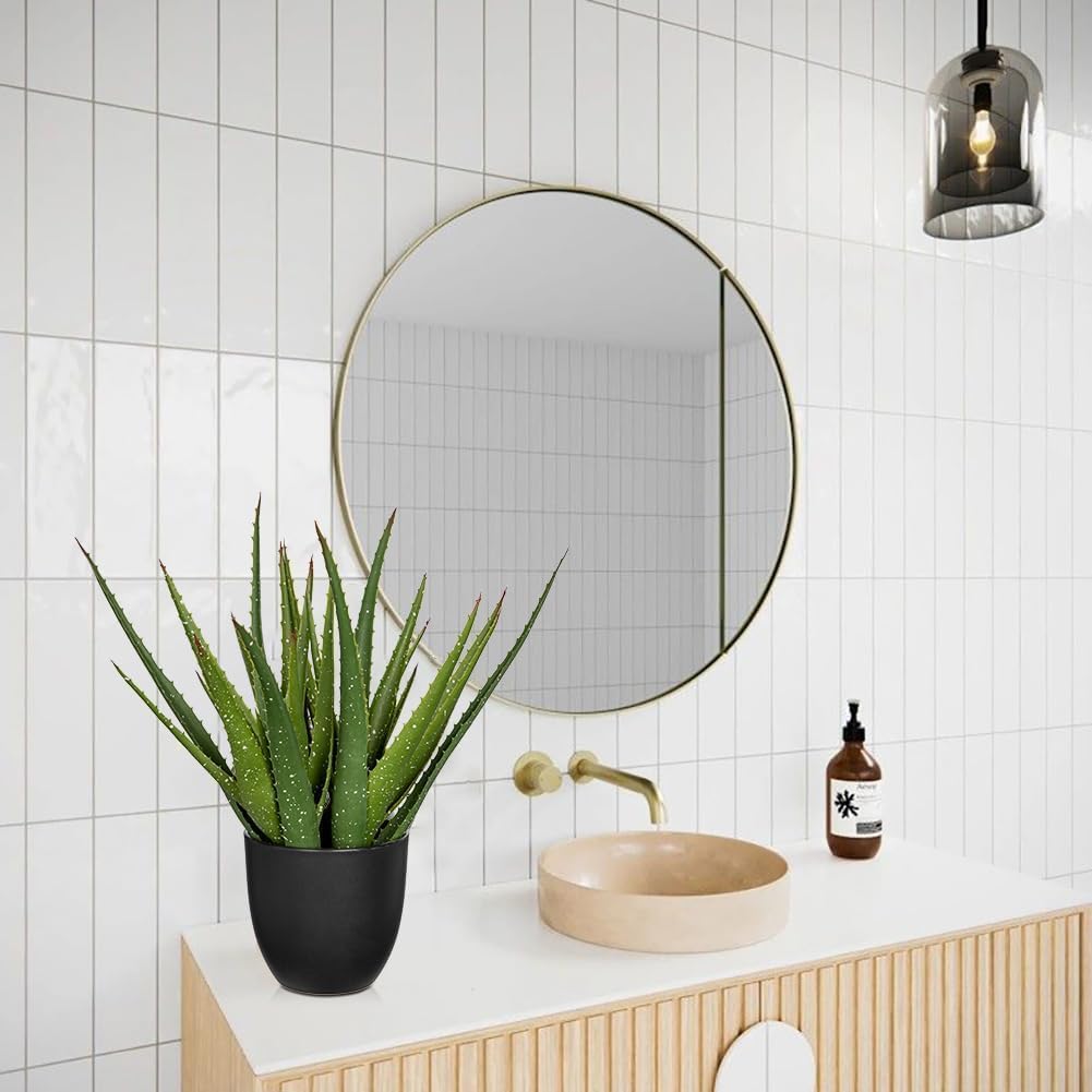 GnFlus Large Fake Succulent Aloe Vera Plants 16.5 Inch Artificial Succulents with Black Pot Faux Aloe Potted Plant for Desk Modern Home Office Bedroom Living Room Table Shelf Decor