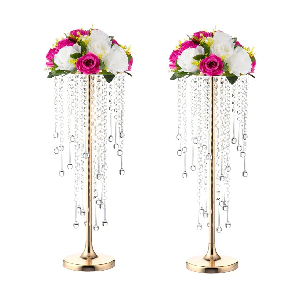 21.7in Tall Gold Vases for Table Centerpieces - 2pcs of Metal Flower Stands with Sparkling Crystal Beads, Elegant Flower Vases for Anniversary Birthday Party Christmas Event Wedding Home Decor