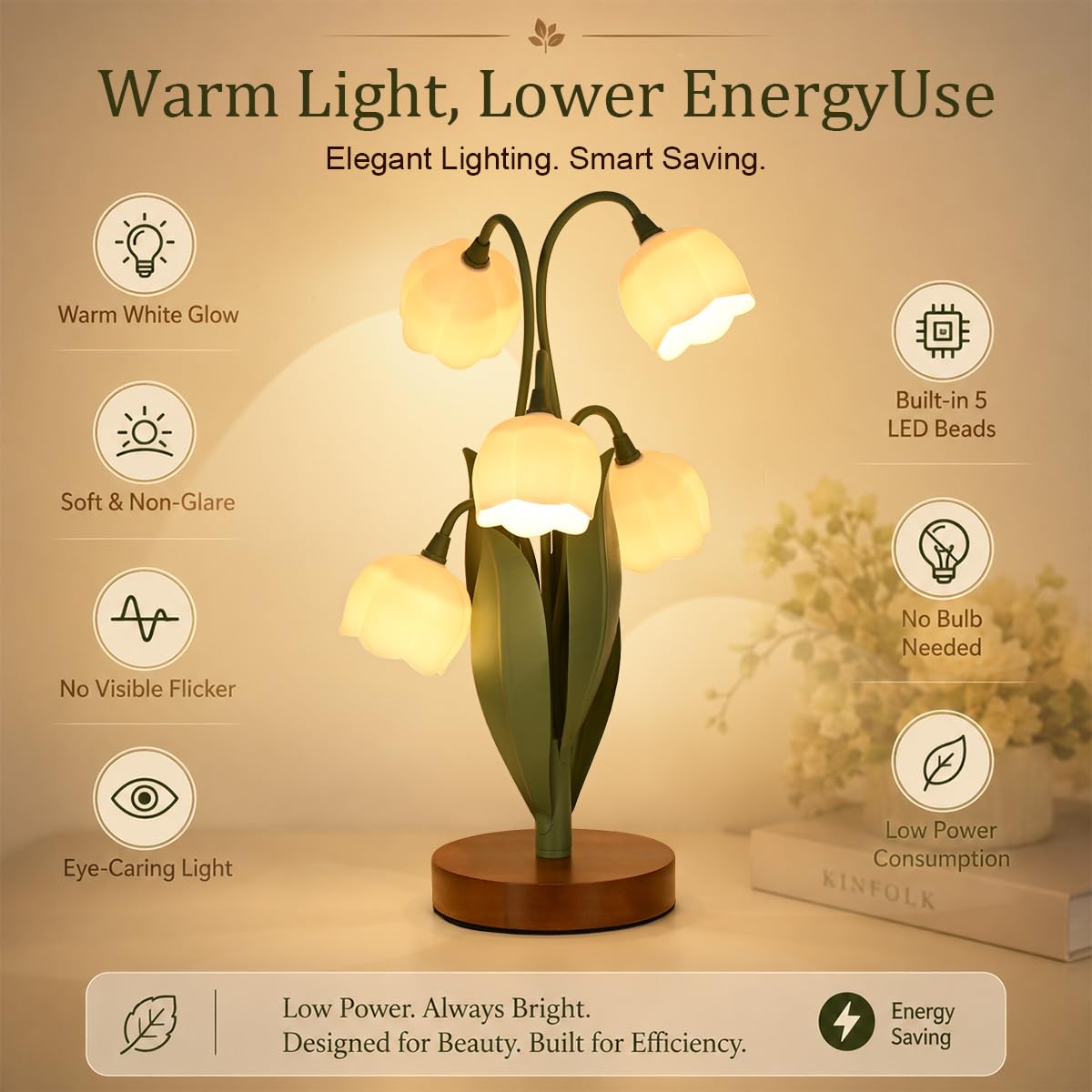 Flower Table Lamp for Bedroom, Cute Flower Reading Light with 5 White Lily of The Valley, Desk Lamp Bedside Lamps for Nightstands Home Decor,Soft Reading Night Light for Bedroom Living Room Office