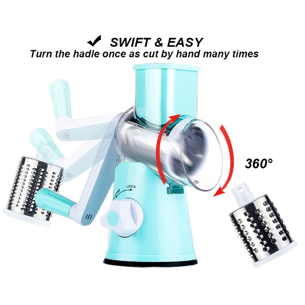 Cambom Rotary Cheese Grater Hand Crank Cheese Shredder for Fresh Cheese, Vegetable, Nuts,Non-slip Suction Base, Free Cleaning Brush Three Blades, Blue