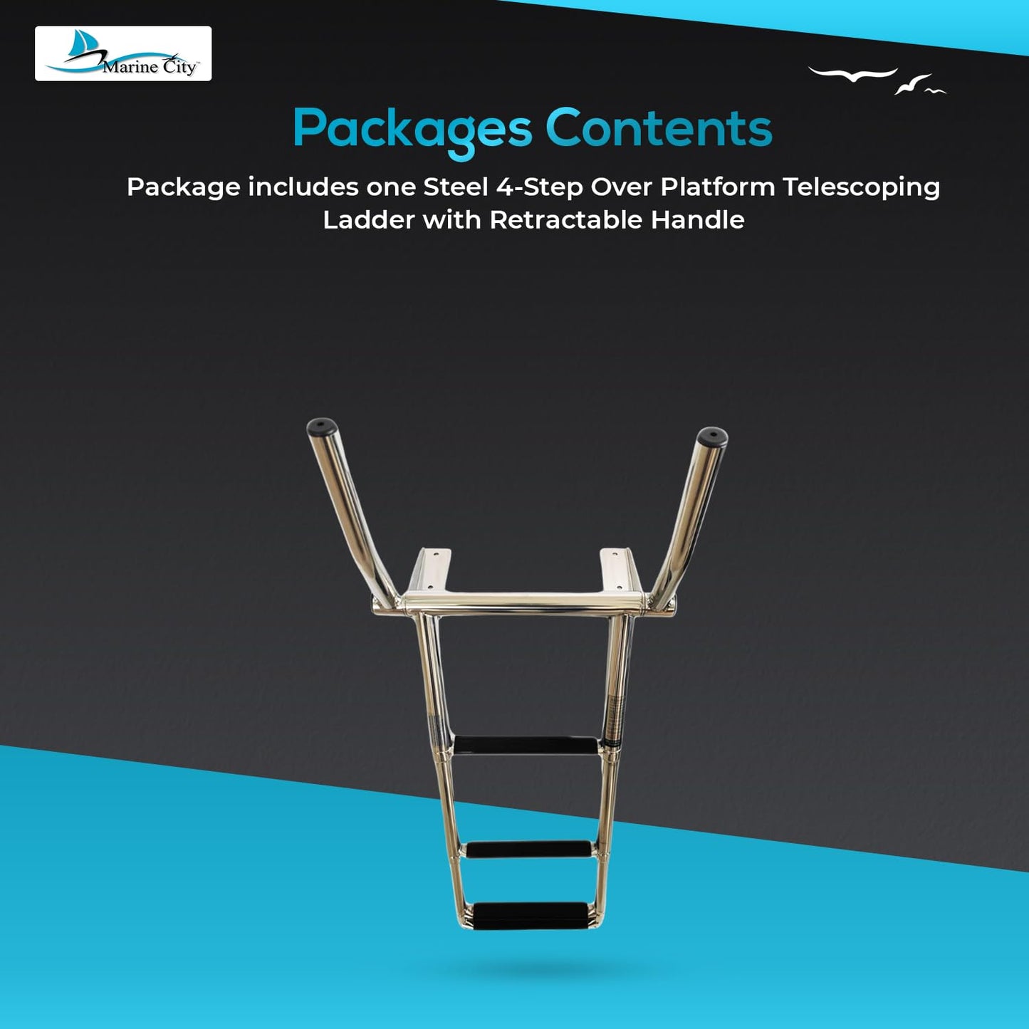 MARINE CITY 316 Grade Stainless Steel 4-Step Over Platform Telescoping Ladder with Retractable Handle