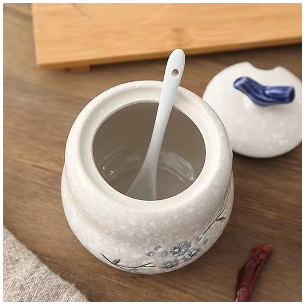 YMYL Ceramic Sugar Bowl with Lid and Spoon Set of 2, 13.5oz Porcelain Condiment Pots Salt Bowl Sugar Jar Seasoning Jars Set for Kitchen, Dishwasher Safe