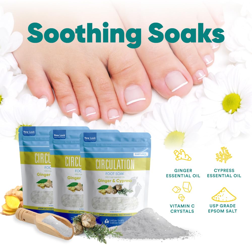 Circulation Foot Soak 32 Ounces (2 Lbs) Epsom Salt with Pure Essential Oils Ginger and Cypress Essential Oils Plus Vitamin C in BPA Free Pouch with Easy Press Lock Seal