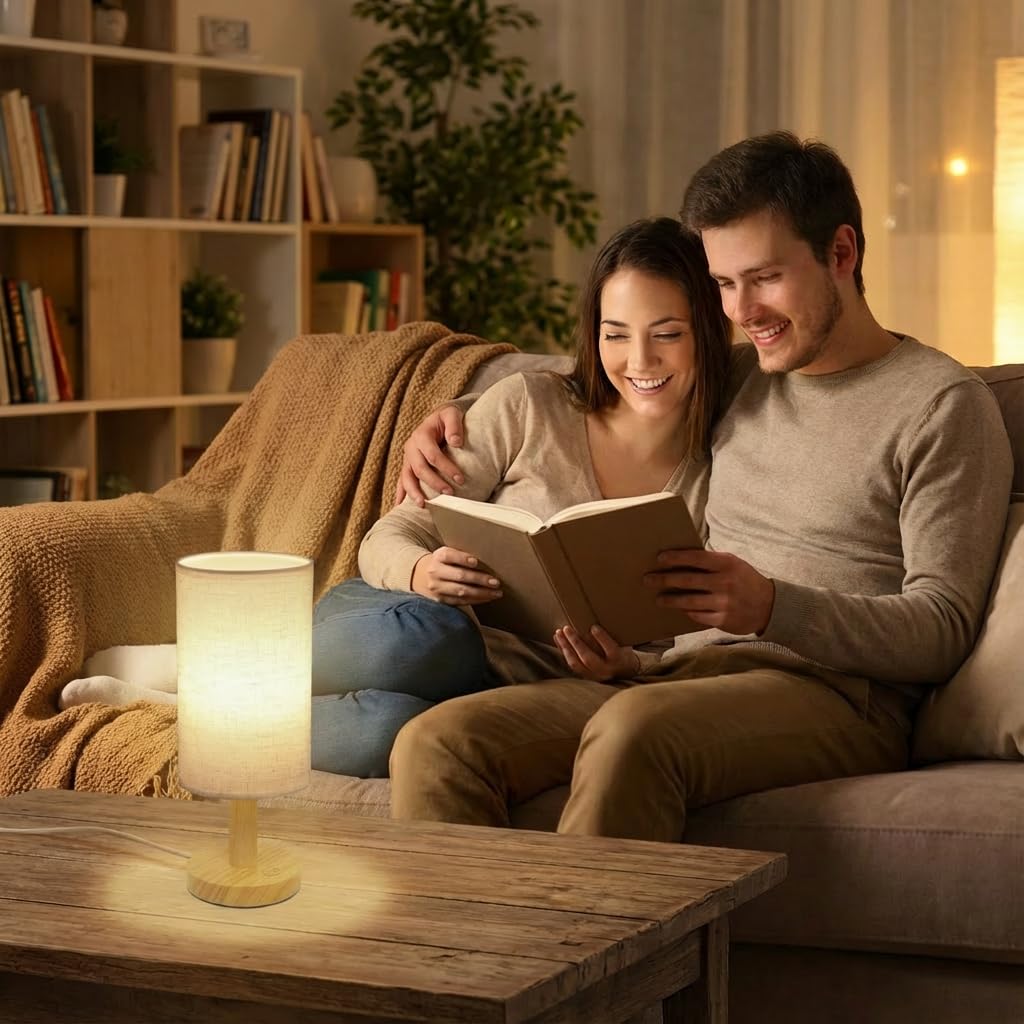 Touch Bedside Table Lamp - Stepless Dimming USB Powered, Minimalist Wood Base Linen Shade, 2700K Warm Light for Bedroom Nightstand Nursery Dorm Small Spaces, 5W LED 50K Hrs (No Bulb Replacement)