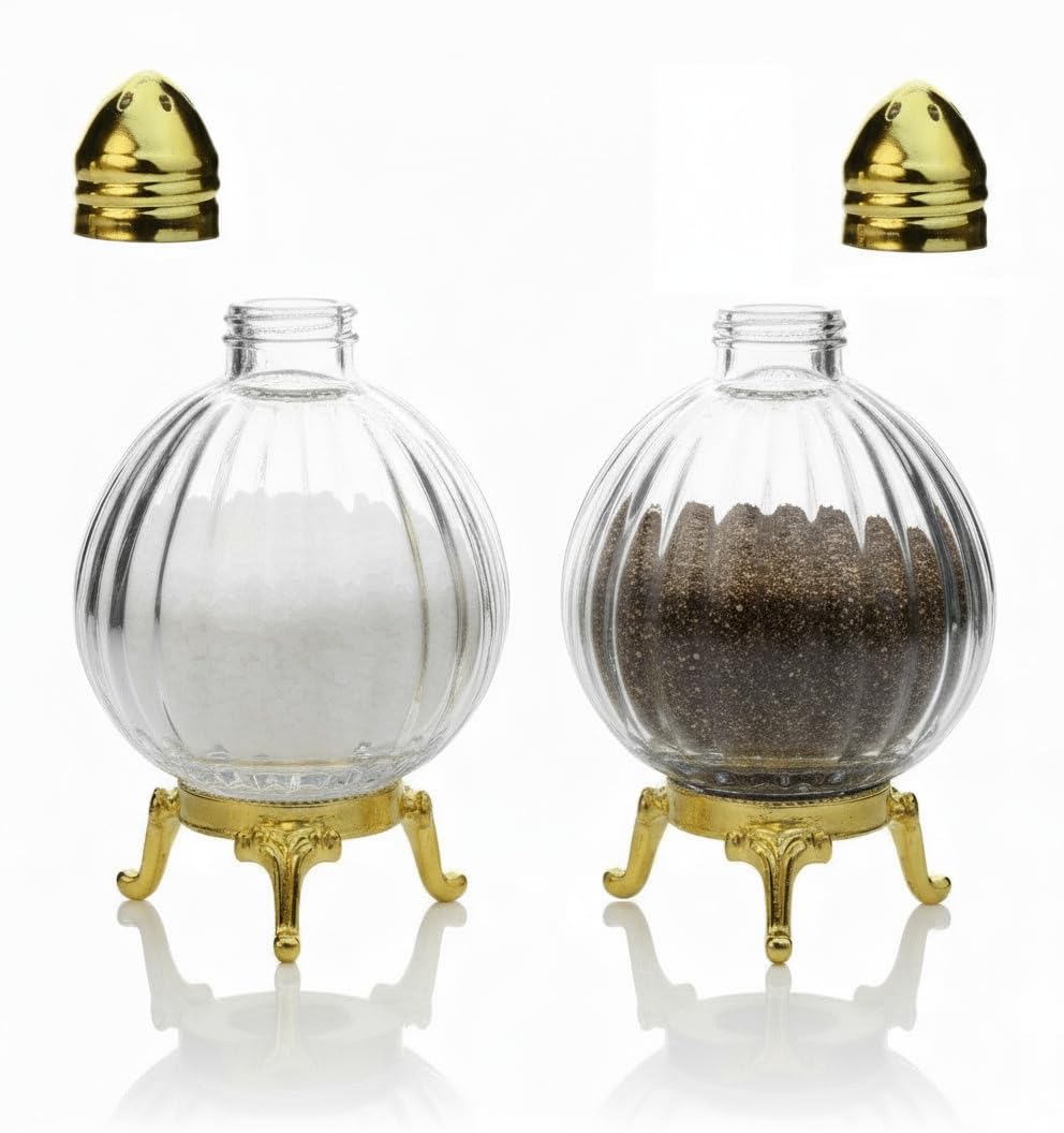 Decorative Glass Salt and Pepper Shakers, Globe Design, Gold-Silver Tone Metal Stand, Set of 2 (Gold)