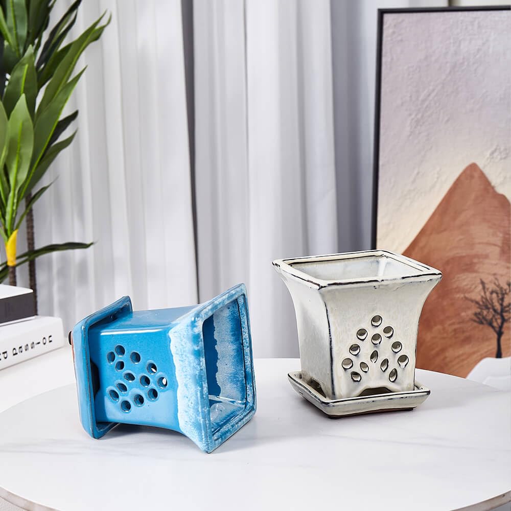 Ceramic Orchid Pots with Holes attached Saucers 4.8 Inches - Set of 2 Small Square Orchid Pots for Repotting, Decorative Ceramic Orchid Planter with Hole for Healthy Root Growth Blue White Mixed