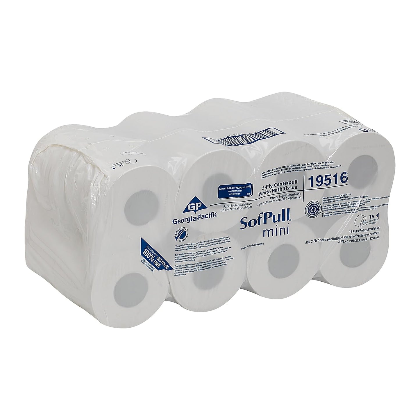 Georgia-Pacific SofPull Centerpull 2-Ply Mini Toilet Paper by GP PRO, 19516, 500 Sheets Per Roll, 16 Rolls Per Case, White