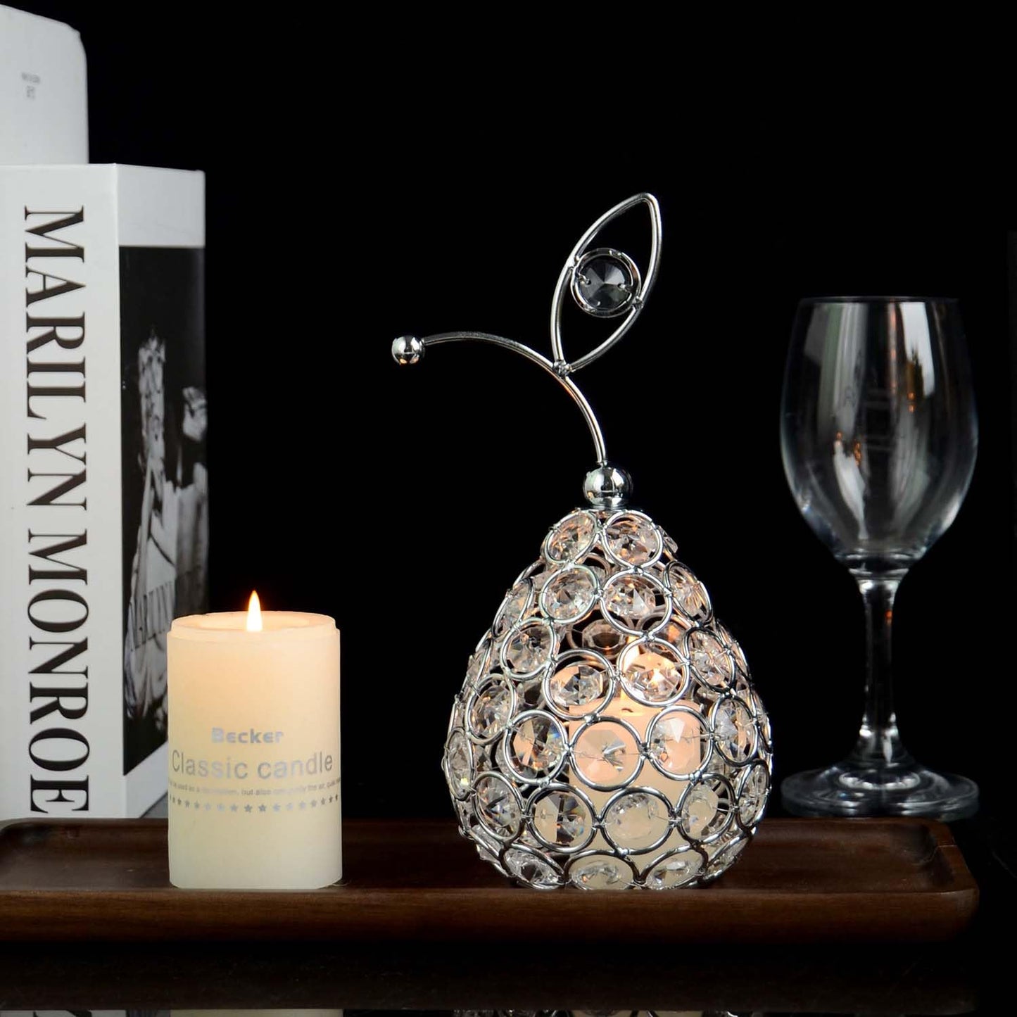 kehail Set of 3 Crystal Metal Pineapple Pear Table Centerpiece Handmade Crystal Candlestick Hollow Fruit Ornament Home Party Wedding Holiday Bar Decoration (Silver, Set of 3)