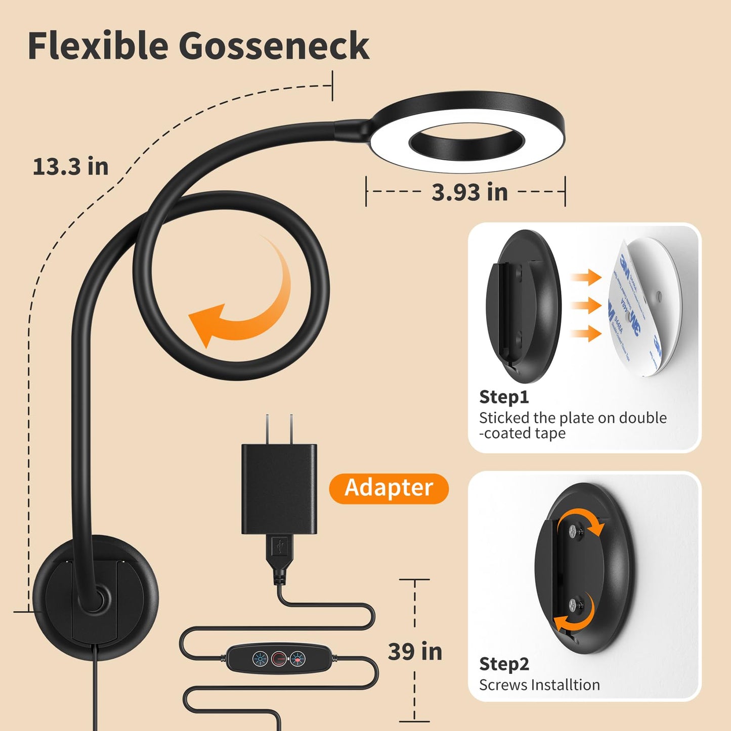Kaulsoue Wall Mounted Lamp, Reading Light for Book in Bed at Night, Shadowless LED Lamp for Workbench Bedroom Bedside Headboard, Eye Care 5 Color & Brightness Adjustable, 360 Flexible Gooseneck, Black