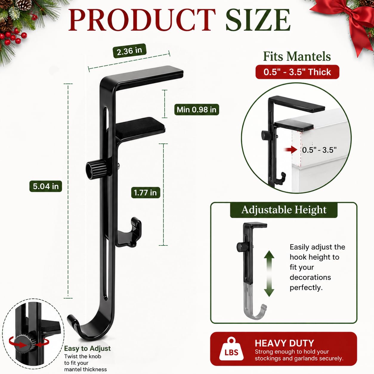 Gayrrnel 4 Pack Stocking Holders for Mantle, 2 in 1 Mantel Hanger for Garland Hooks for Christmas Adjustable No Drill Mantle Garland Hange for Fireplace Xmas Holiday Home Party Decoration