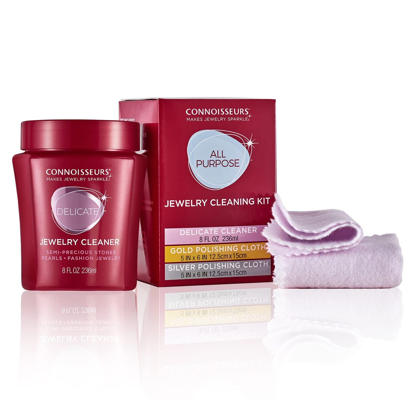 Connoisseurs All-Purpose Jewellery Cleaning Kit | Jewellery Cleaner with Gold & Silver Polishing Cloth | Silver Cleaning Cloth & Gold Polishing Cloth with Liquid Cleaning Solution for Precious Stones