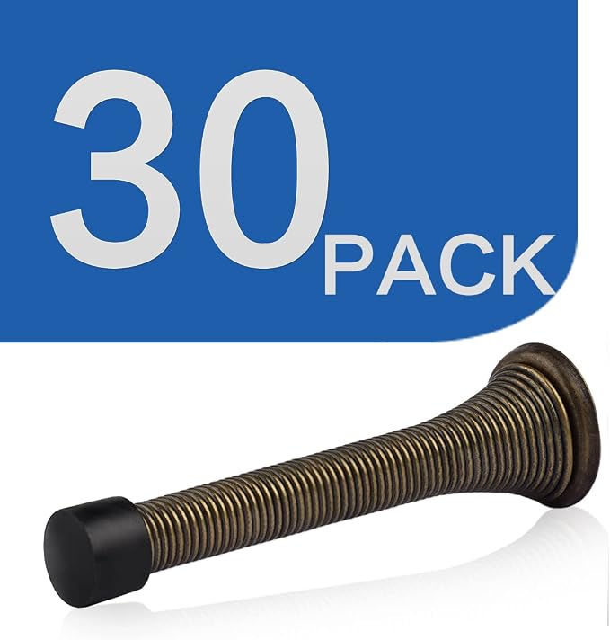HOMOTEK 30 Pack Spring Door Stopper with Rubber Bumper 3-1/8" Flexible Spring Heavy Duty Wall Door Stop Low Mounted Door Bumper for Home (Antique Brass)