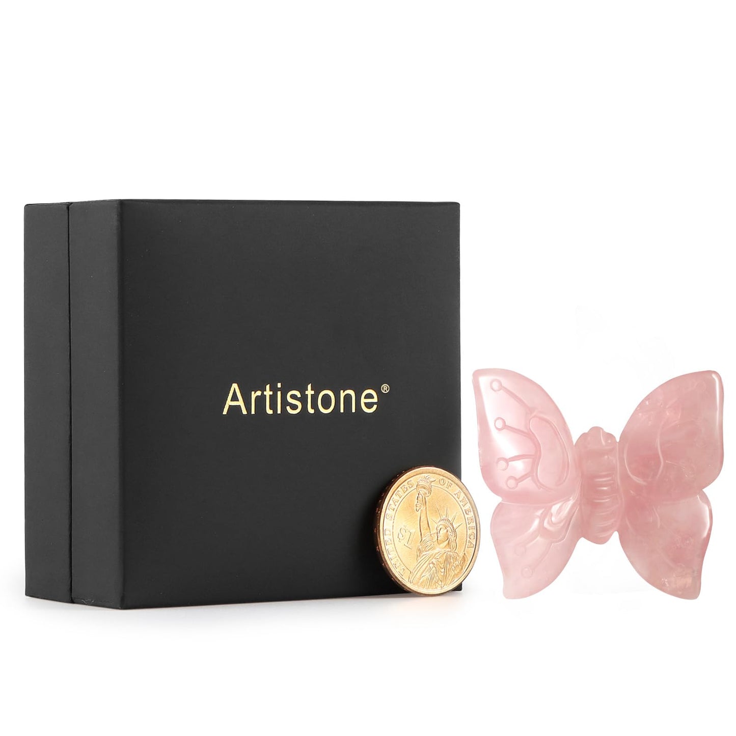Artistone 3.3" Rose Quartz Butterfly Statue, Hand Carved Worry Stone for Anxiety Relif Home Desk Decor Animal Figurine