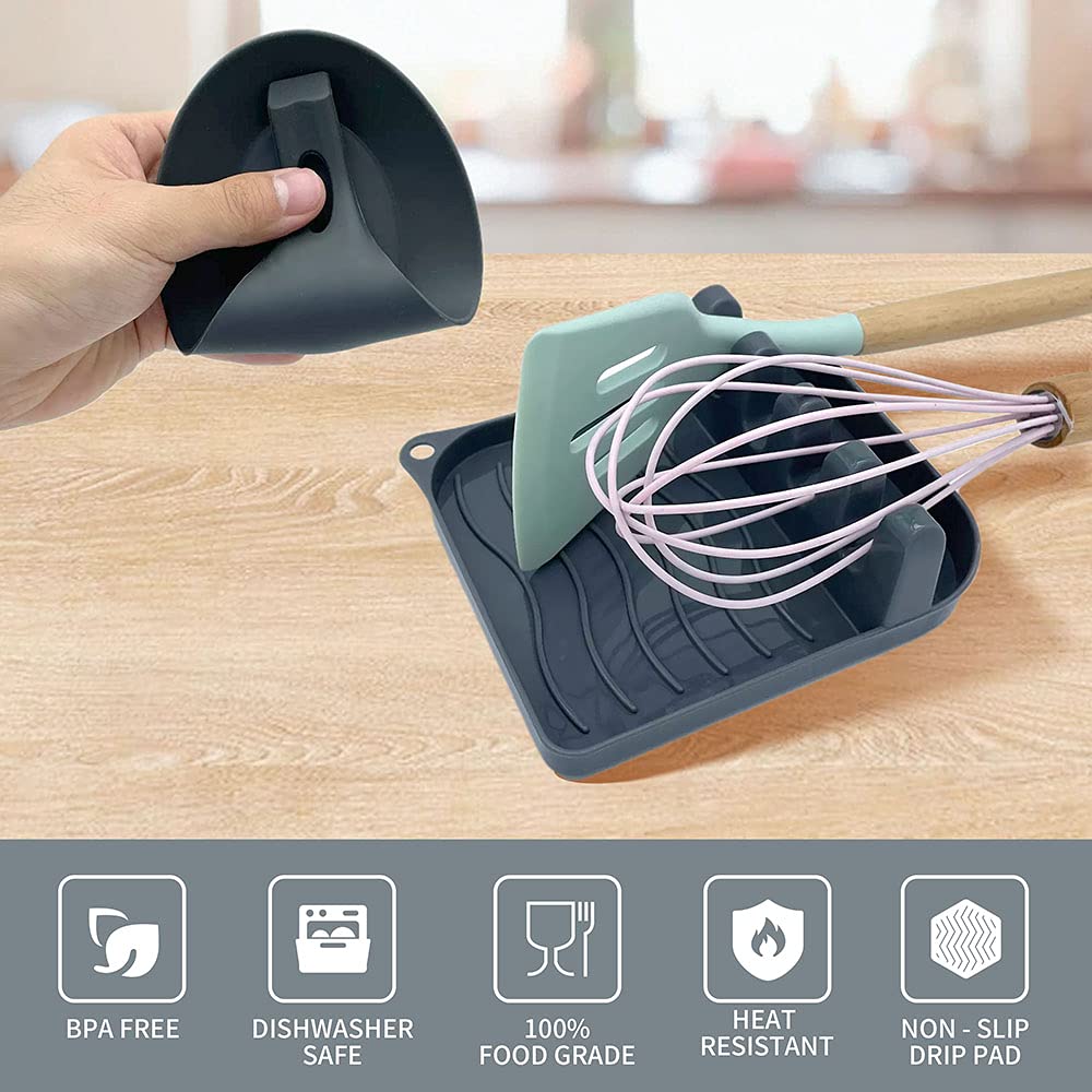 LSVGOE 2 Pack Multiple Utensil Spoon Rest with Drip Pad Non-Slip Heat Resistant Kitchen and Grill Spoon Holder for Spatula, Ladle, Tongs, Kitchen Gadgets, and Cooking Accessories (Silver Gray)