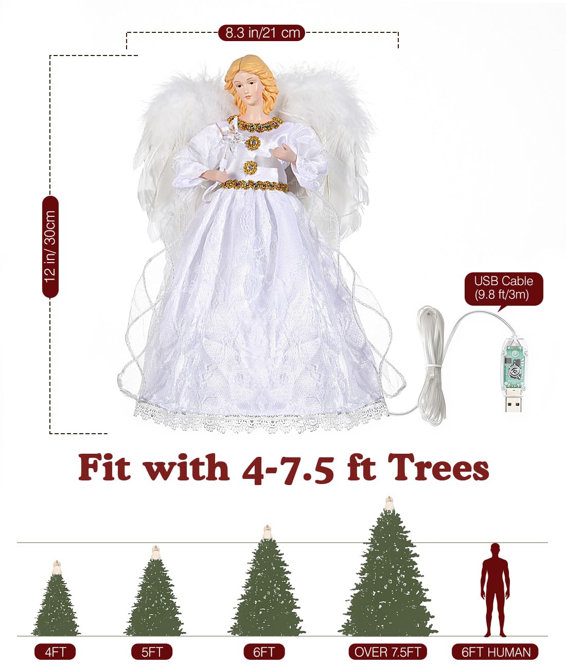 Luxspire Christmas Tree Topper, Angel Tree Topper with Lights, Angel Topper for Christmas Tree with Remote Control & Timer, USB Lighted Christmas Decorations for Holiday Home Indoor, White