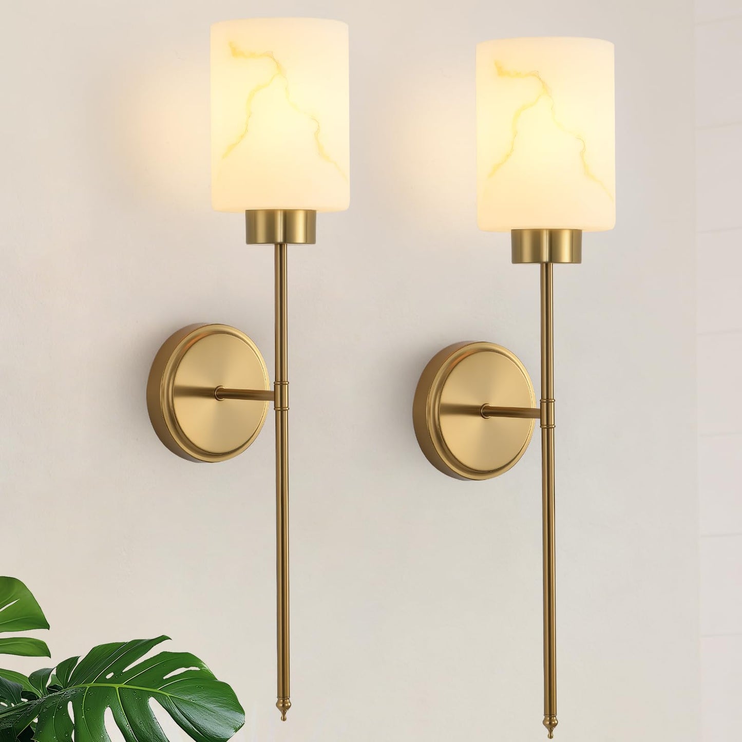 Mieloxiy Gold Wall Sconces Set of 2 with Marble Glass Shade, Modern Bathroom Vanity Light Fixtures for Bedroom, Hallway, Entryway, Living Room