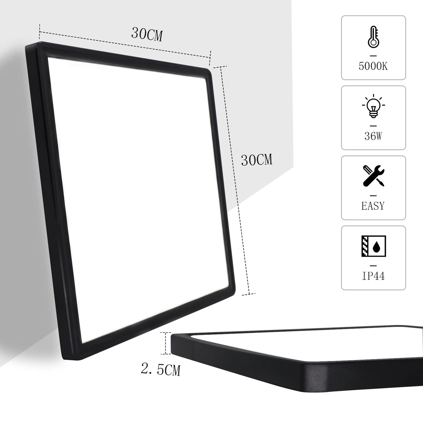 MLOQI 36W LED Bathroom Ceiling Lights, IP44 Waterproof, 5000K Daylight White, LED Ceiling Light for Office Kitchen Hallway Living Room (Black Edge)