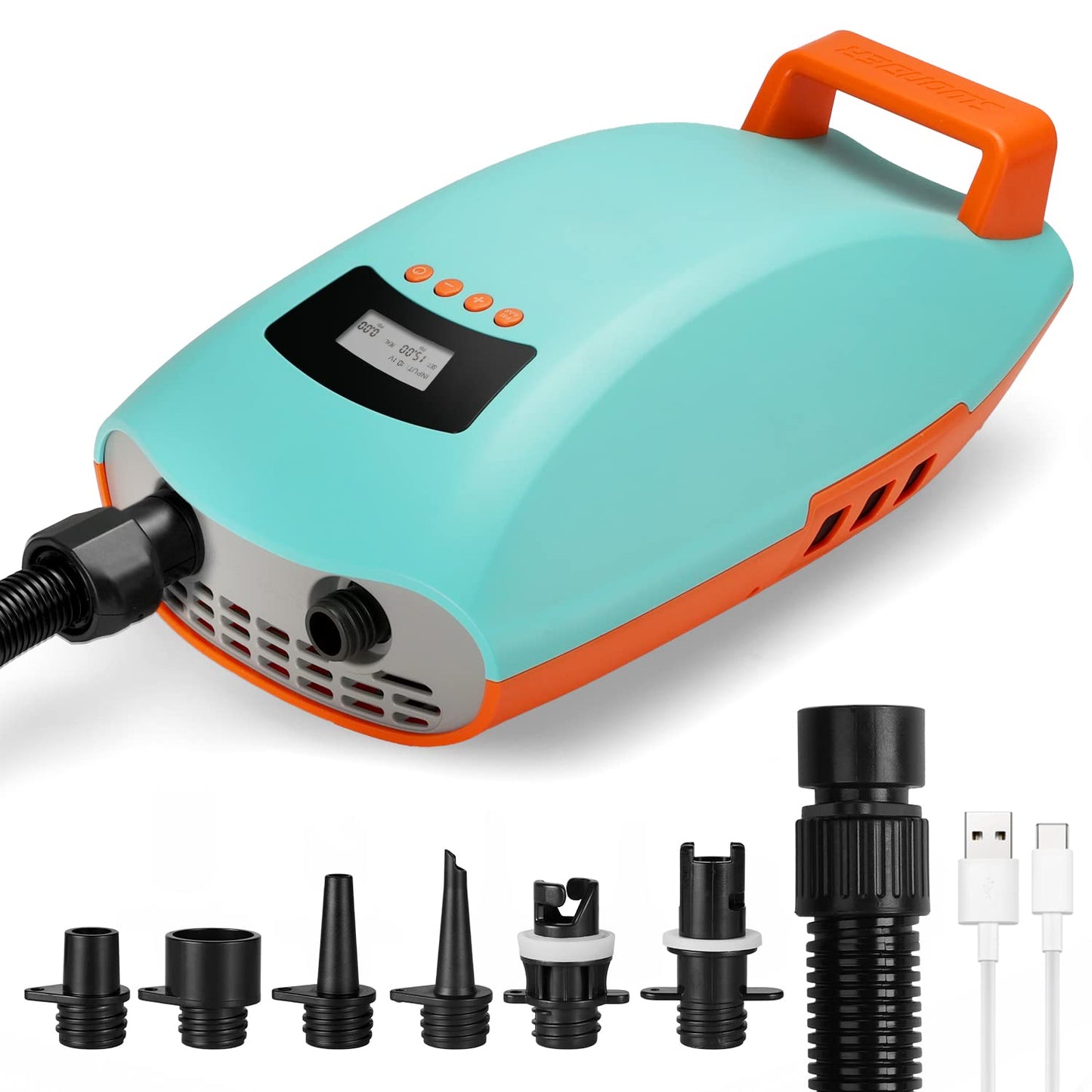 Swonder Seawolf 20 PSI Battery Powered Paddle Board Pump, 9000mAh, Dual Stage, Active Cooling System, 6 Nozzles, Includes Typ-C Cable, 1 Year Limited Warranty