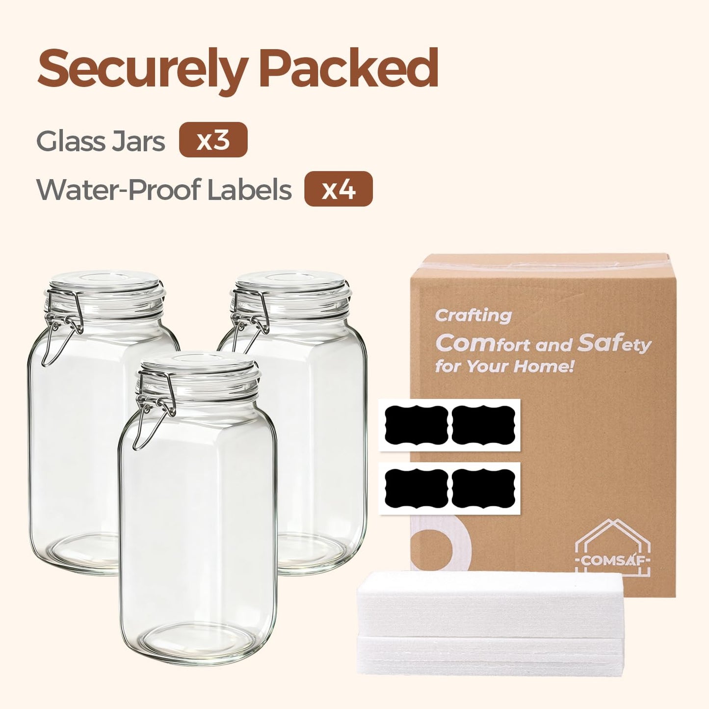 ComSaf 3-Pack 78oz Large Square Airtight Glass Jars for Bulk Food, Holds a 4lb Bag of Sugar or 5lb of Rice, Wide Mouth Canister for Flour, Coffee & Pantry Organization