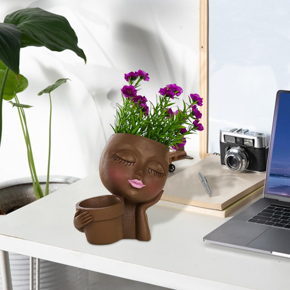 Rivonthex Lady Face Planter Pot with Dual Compartments, Resin, Indoor/Outdoor Succulent Planter, 6.3" x 4.3" x 6.7", with Drainage Holes (Brown, Small)