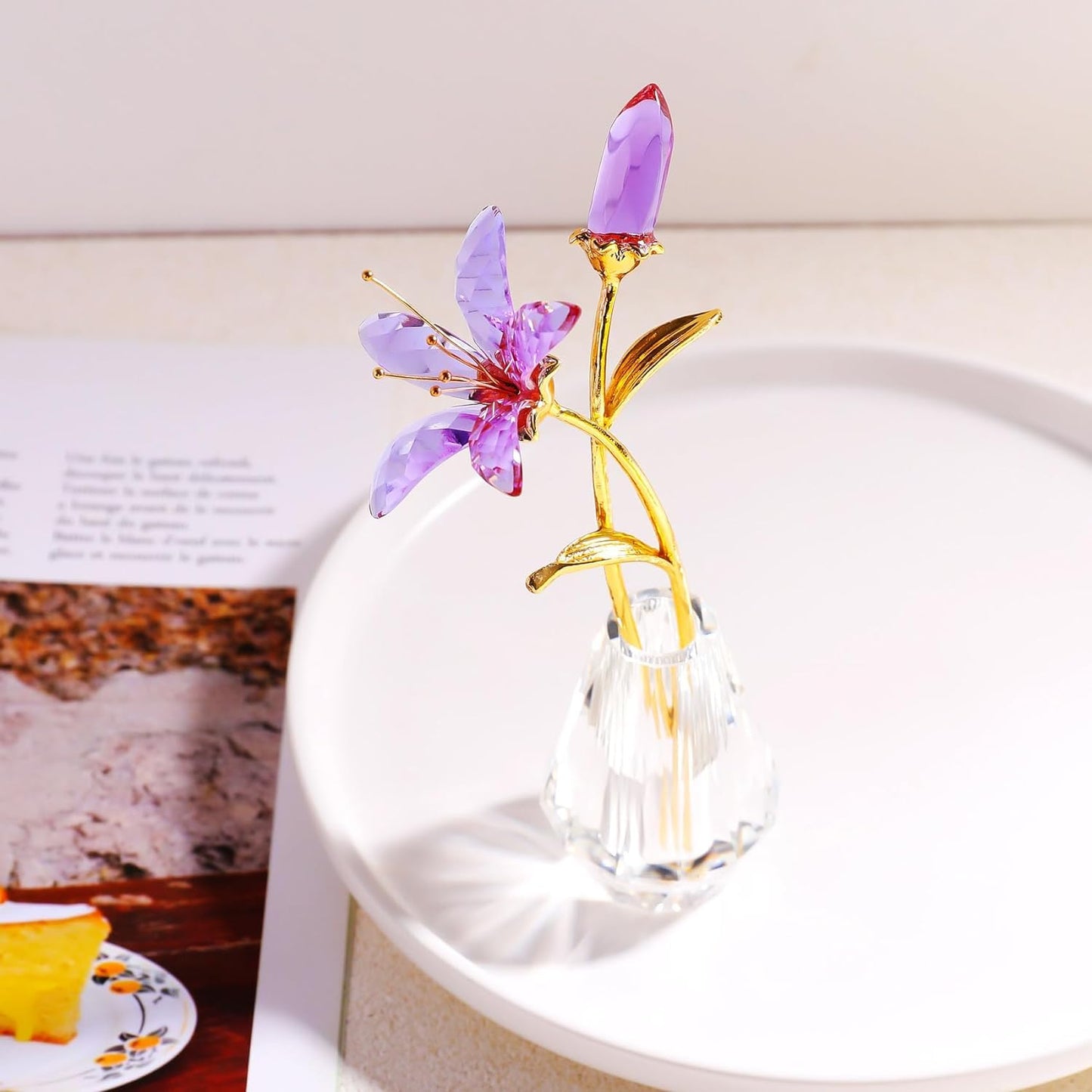 Purple Crystal Lily Flower Figurine with Stems - Handmade Collectible Statue for Decoration Mothers Day Centerpiece Valentines Day Bridal Shower Gift