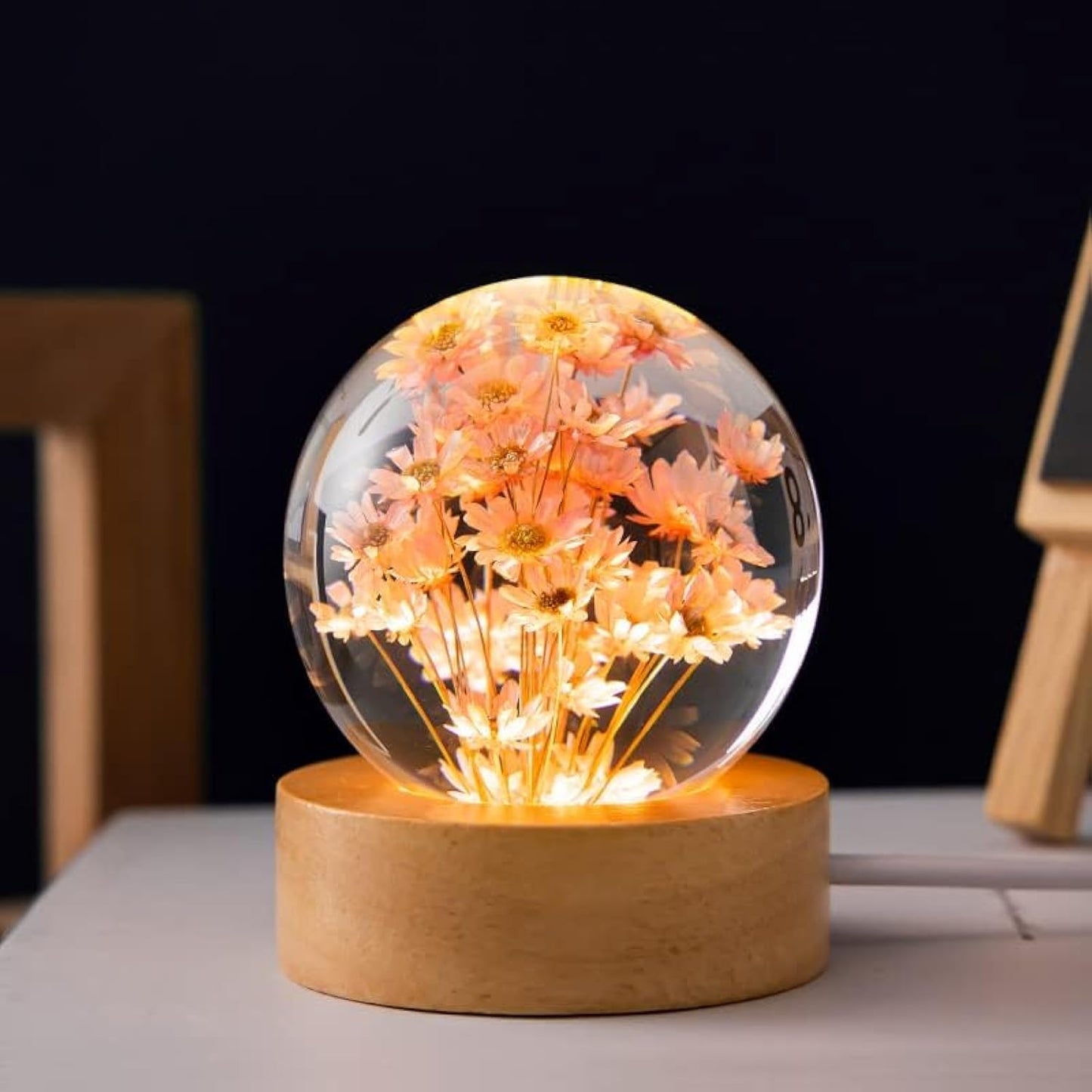MARZIUS Flower Crystal Ball Night Light,2.4 inch Glass Ball Night Lamp with Woodern Base (Red Daisy)