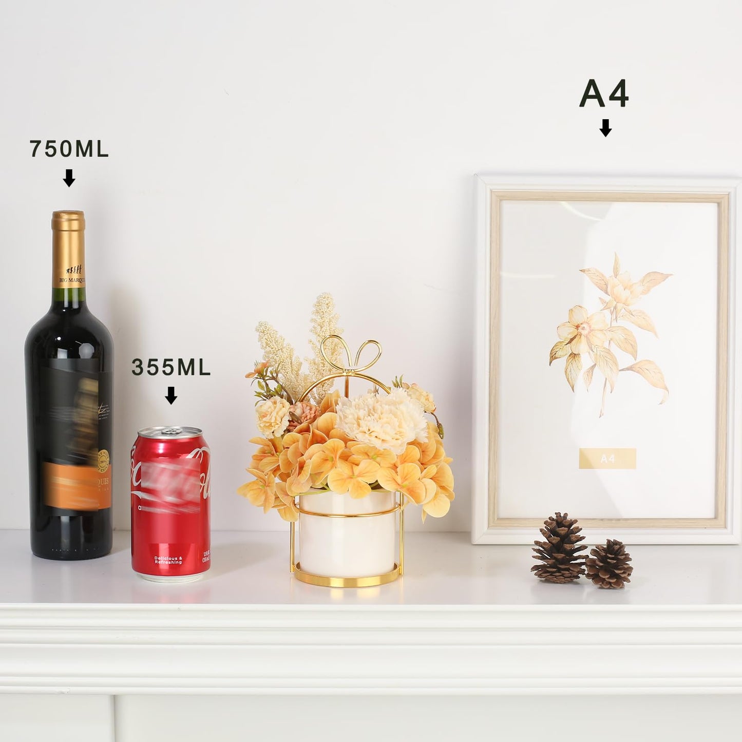UBOSU Artificial Flower Arrangement with Vase, Champagne Hydrangea Carnation in White Ceramic Pot with Gold Stand, Small Centerpiece for Wedding Dining Room 