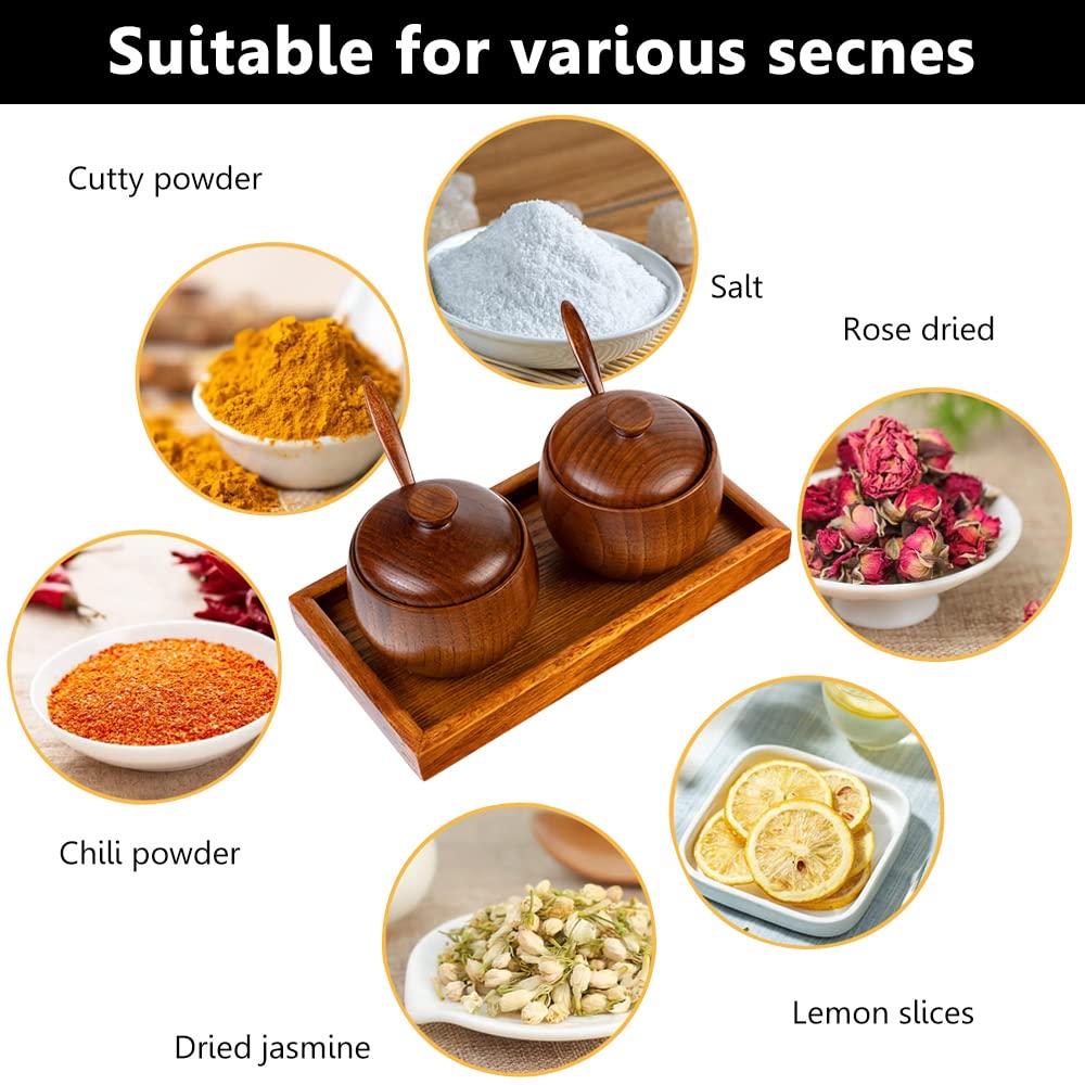 YMYL 2 Pcs Wood Condiment Pot Spice Jars, Natural Wooden Sugar Bowl Pepper Seasoning Container Condiment Pot with Lid, Spoon and Tray for Herbs Salt Pepper Spices