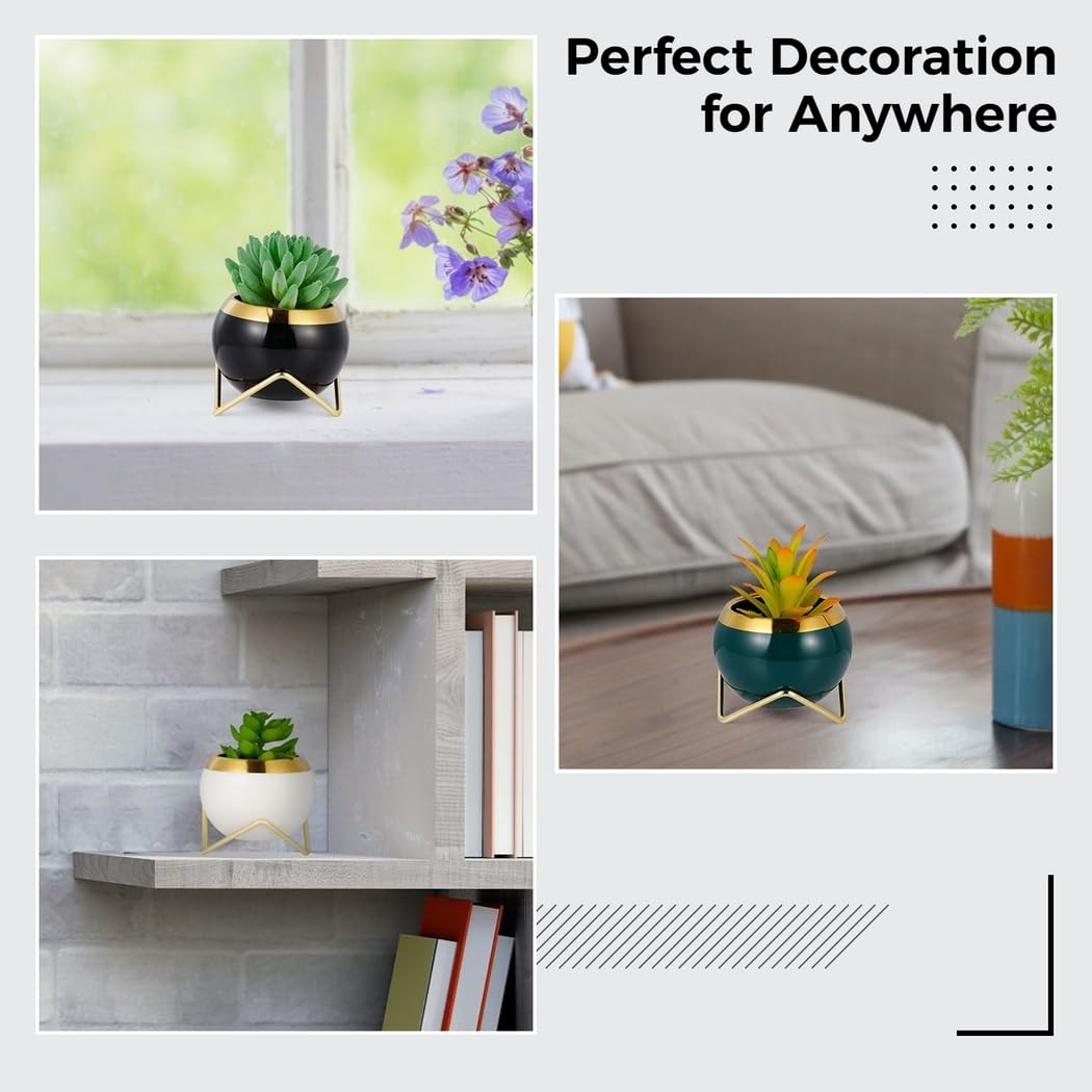 Set Of 3 Air Plant Holders, Metal Stand With Ceramic Pot For Succulents And Cacti, Cute Mini Pots For Indoor Plants
