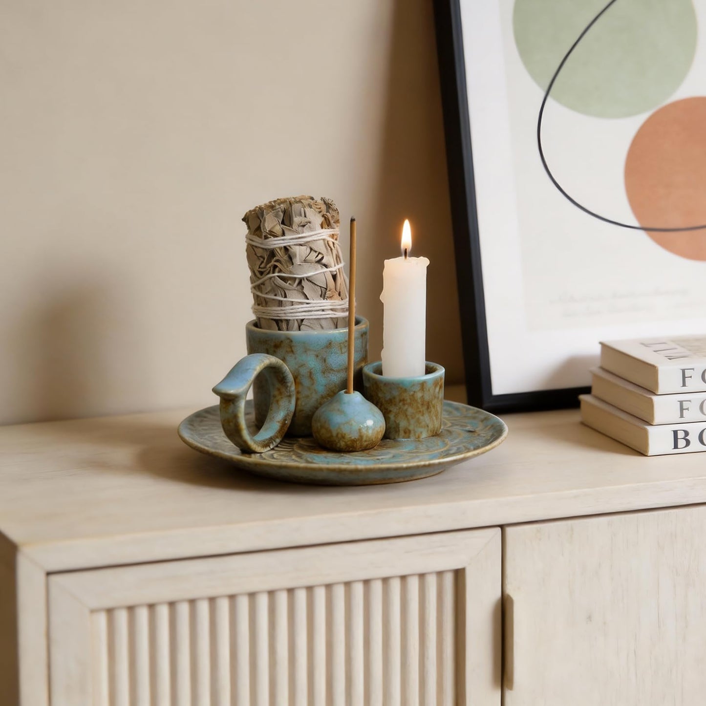 Tnstbiee 4-in-1Blue Ceramic Palo Santo Burner Holder - Small Incense Burner & Smudge Tray Bowl for Incense Sticks/Cones & Sage - Ideal for Meditation Rooms,Zen and Aromatic Scents - Matches Compatible