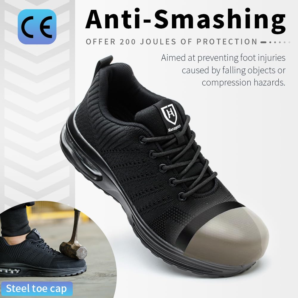Nasogetch Safety Trainers Steel Toe Cap Trainers Men Women Lightweight Breathable Safety Shoes Work Trainers with Cushioning Black UK 9 Label Size 43