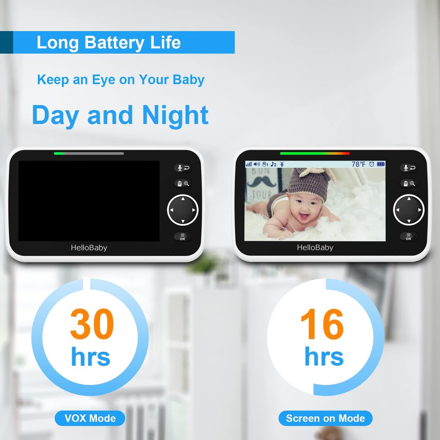 HelloBaby Baby Monitor with Camera and Night Vision, 5''Display with 30-Hour Battery, Pan-Tilt-Zoom Video Baby Monitor No WiFi, 2-Way Talk, Temperature, 8 Lullabies and 1000ft Range