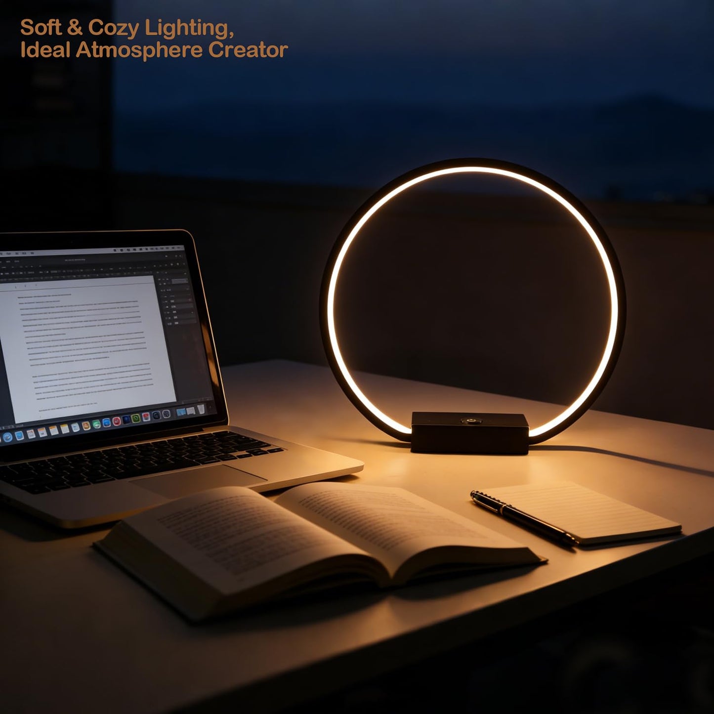 MASIVEL LED Circle Table Lamp Touch Control 3-Way Dimmable Bedside Nightstand Lamp with USB Port Modern Tabletop Lamps, 12W 3000K Warm Light, Desk Lamp for Bedroom Living Room, Black