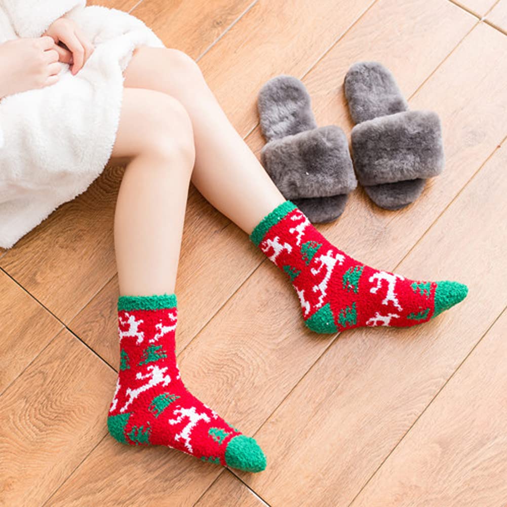 Plush Slipper Socks Women - Christmas Warm Fuzzy Crew Socks Cozy Soft 6 Pairs for Winter Indoor