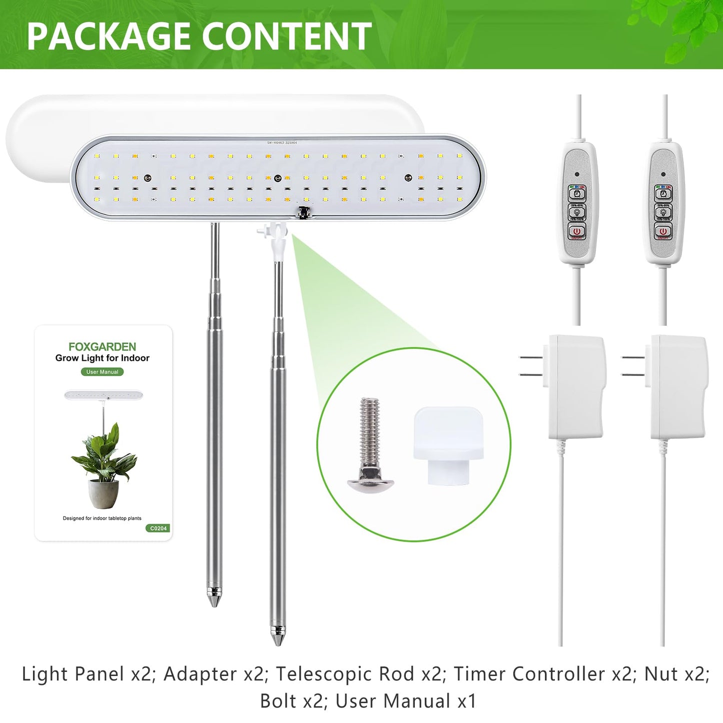 FOXGARDEN Grow Light, Full Spectrum LED Grow Lamp, Plant Lights for Indoor,Auto Timer 4/8/12H, 4 Dimmable, Height Adjustable 8.5"-24", Growing Lights 2 Pack