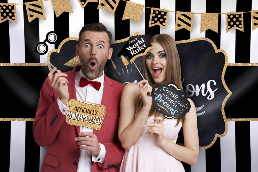 2025 Graduation Party Backdrop - Classy Black, White and Gold Theme Photography Fabric Backdrop and Studio Props DIY Kit. Great as Photo Booth Background Party Supplies and Prom Banner Decorations
