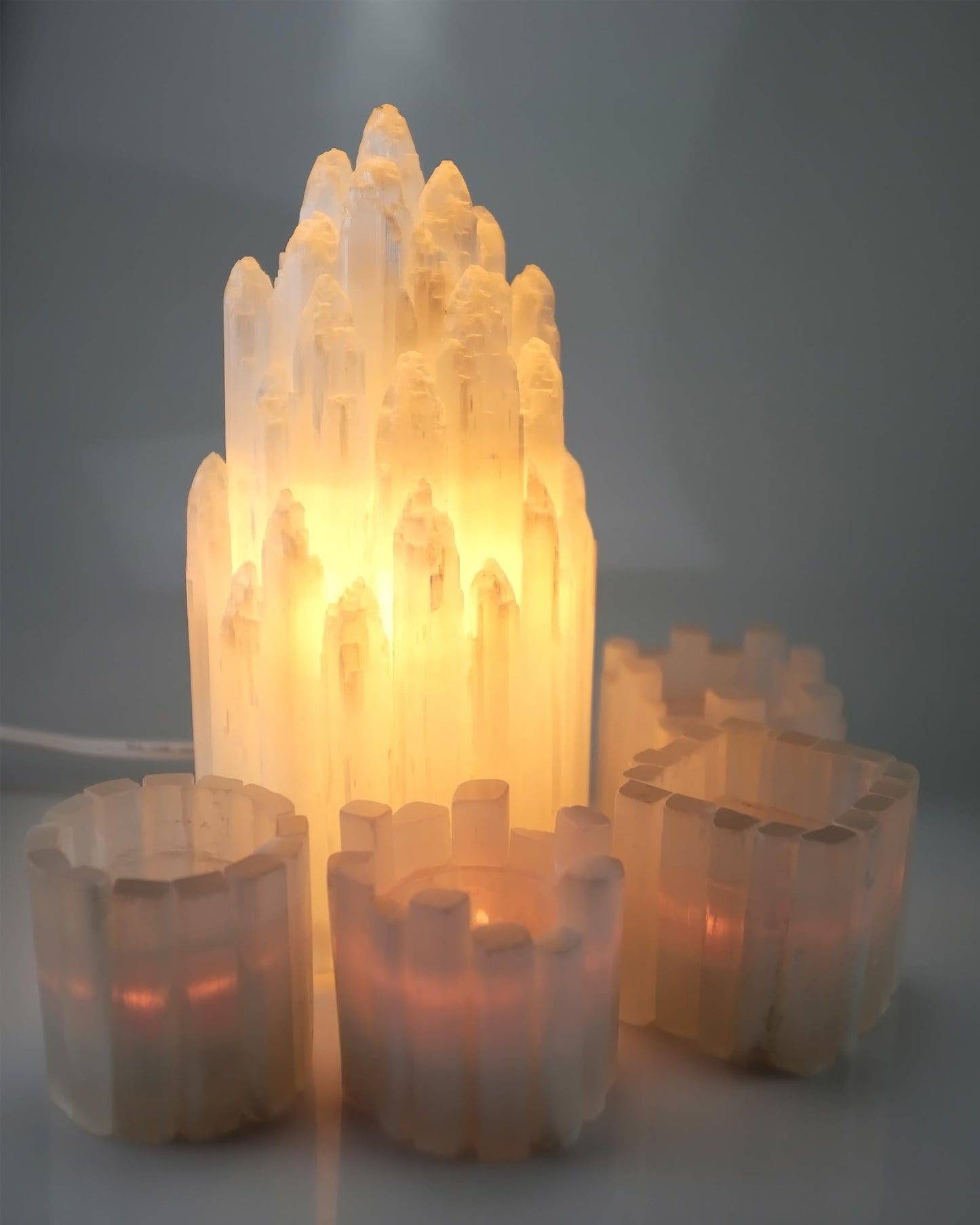 Selenite Candle Holder - Healing Crystal Tealight Holder for Meditation Tranquility & Energy Balance - Irregular Cylindrical Selenite Lamp Crystal for Healing Stone