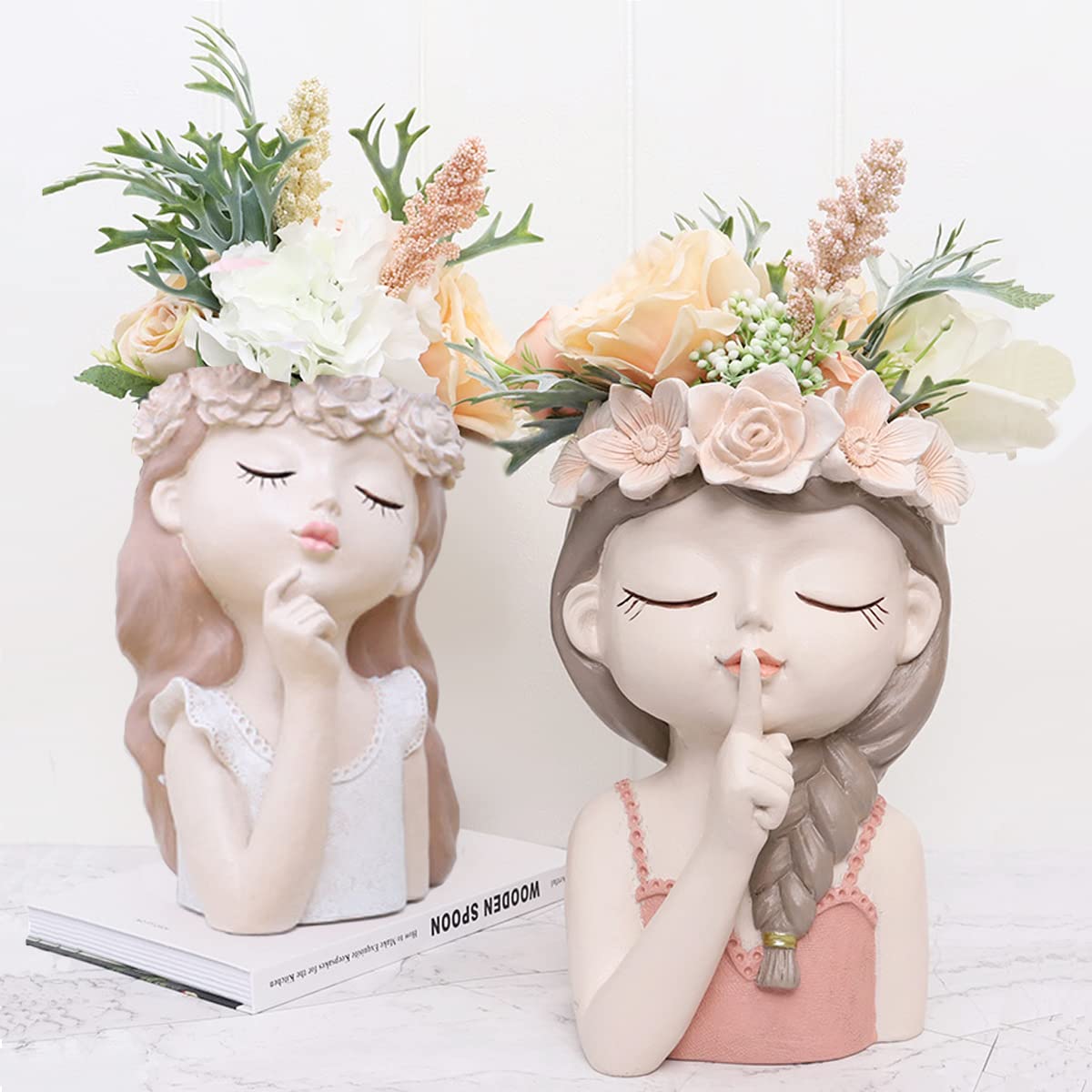 Adorable large girl face planter cute big succulent pot with drainage hole Tall lady head planter resin flower pot Decorative vase for plants