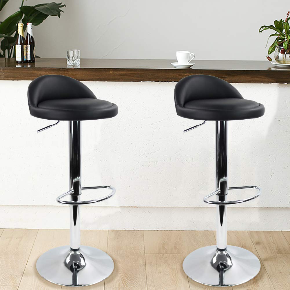 KKTONER PU Leather Round Bar Stool with Back Rest Height Adjustable Swivel Pub Chair Home Kitchen Bar stools Backless Stool with Footrest (Black)